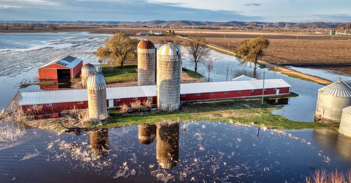 Aerial view of a red barn, equipment shed, and grain silos on a grass rise ringed by muddy standing floodwater, with submerged fields beyond